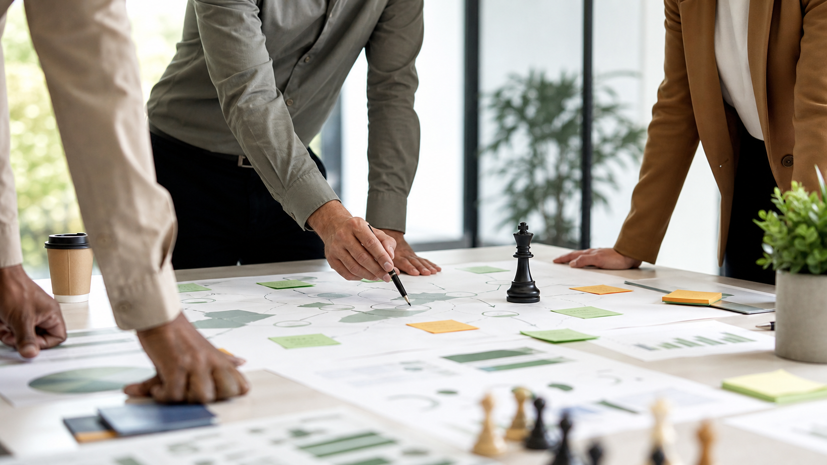 Business strategy planning table with charts and planning materials
